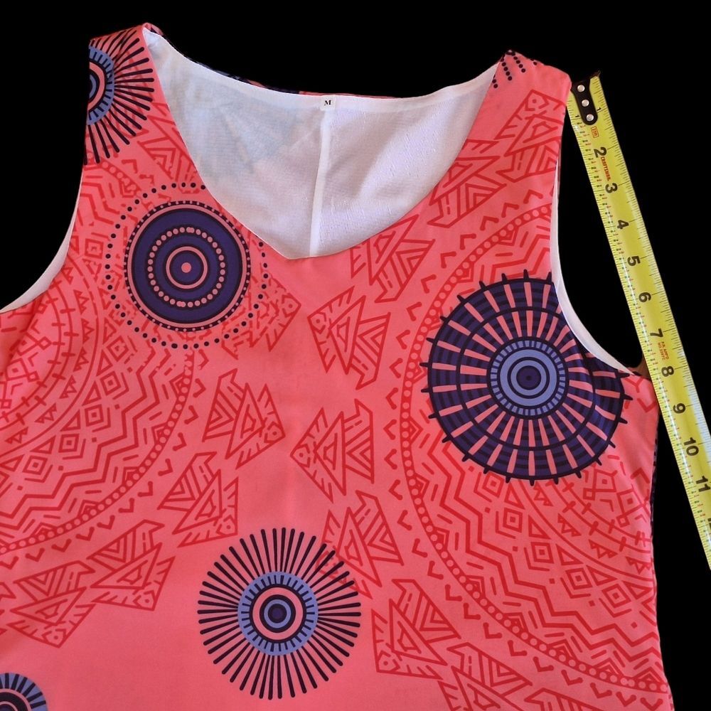 Two Layered Silky Lined Tank Dress Orange Bold Aztec Sphere Print M Pullover EUC - Picture 5 of 12